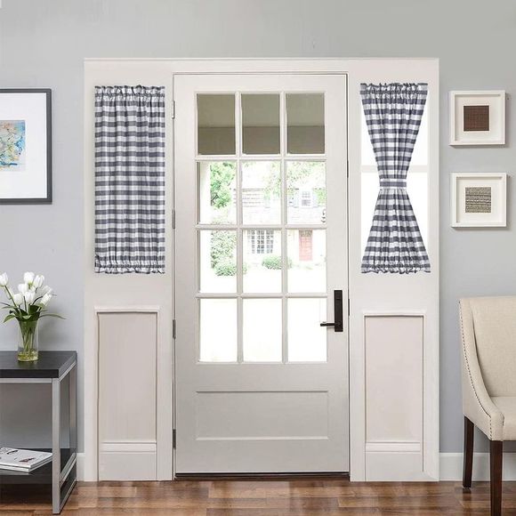 vctops Grey and White Buffalo Check Door Window Curtain with Tieback Rod Pocket - Picture 2 of 4